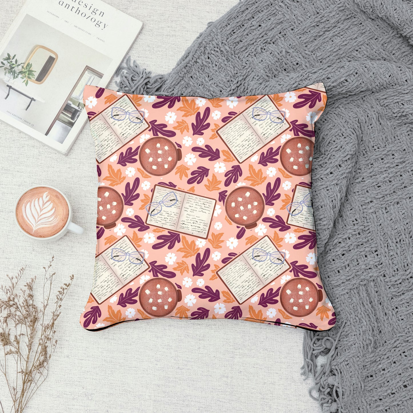 Cozy Fall Seamless Pattern Pink – Books, Hot Cocoa, Glasses & Autumn Leaves Digital Download