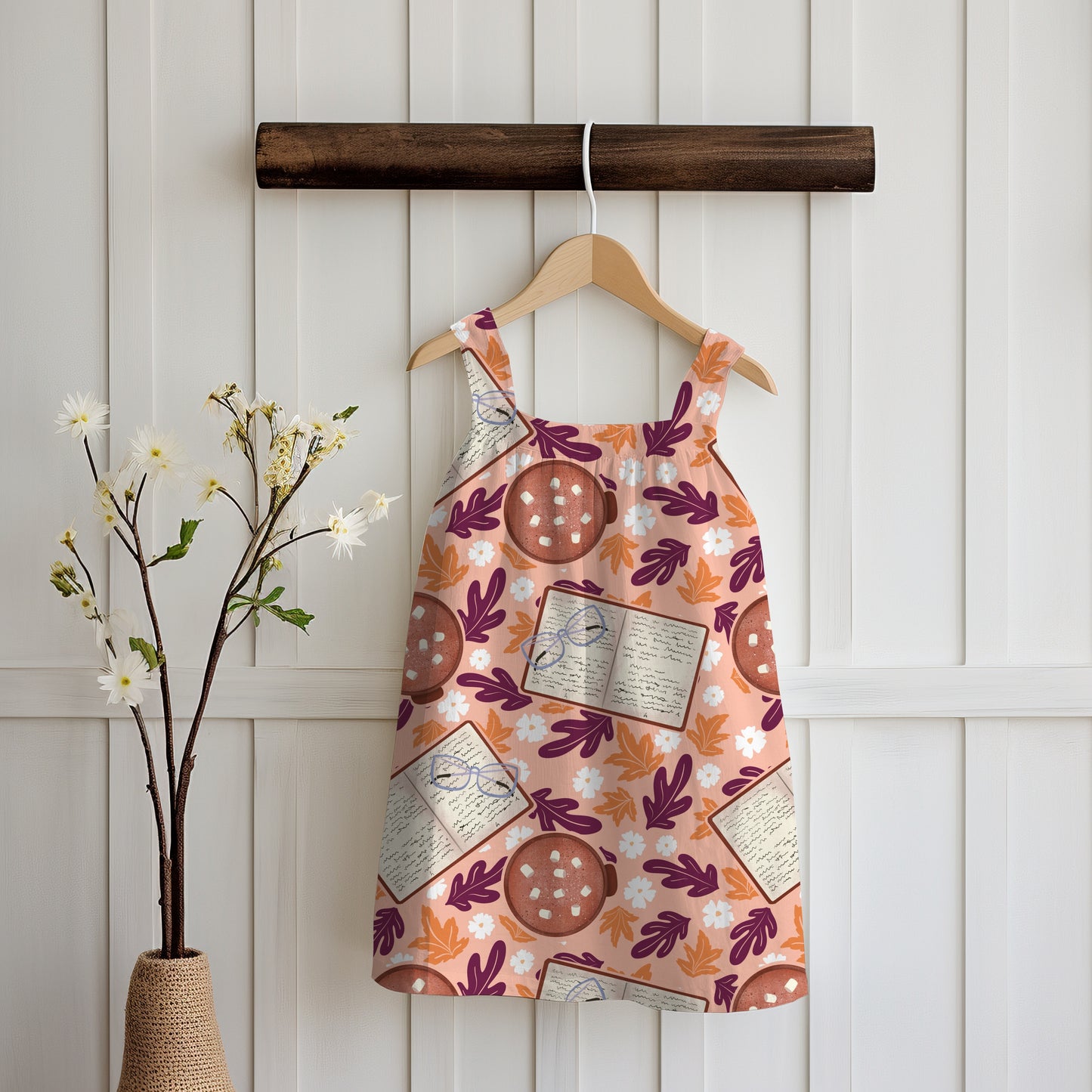 Cozy Fall Seamless Pattern Pink – Books, Hot Cocoa, Glasses & Autumn Leaves Digital Download