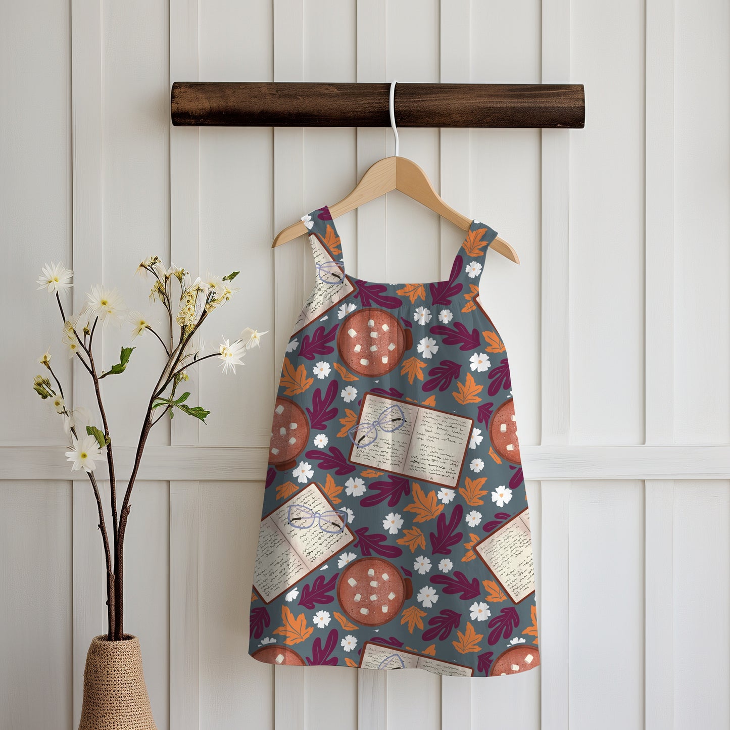 Cozy Fall Seamless Pattern Dark – Books, Hot Cocoa, Glasses & Autumn Leaves Digital Download