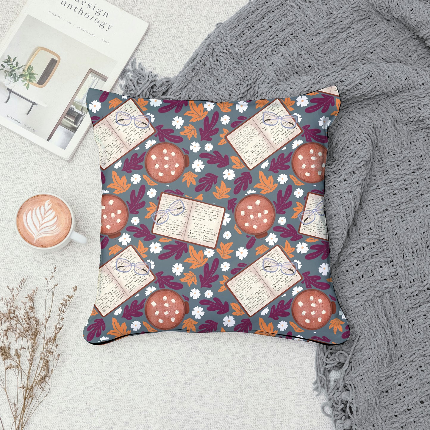 Cozy Fall Seamless Pattern Dark – Books, Hot Cocoa, Glasses & Autumn Leaves Digital Download