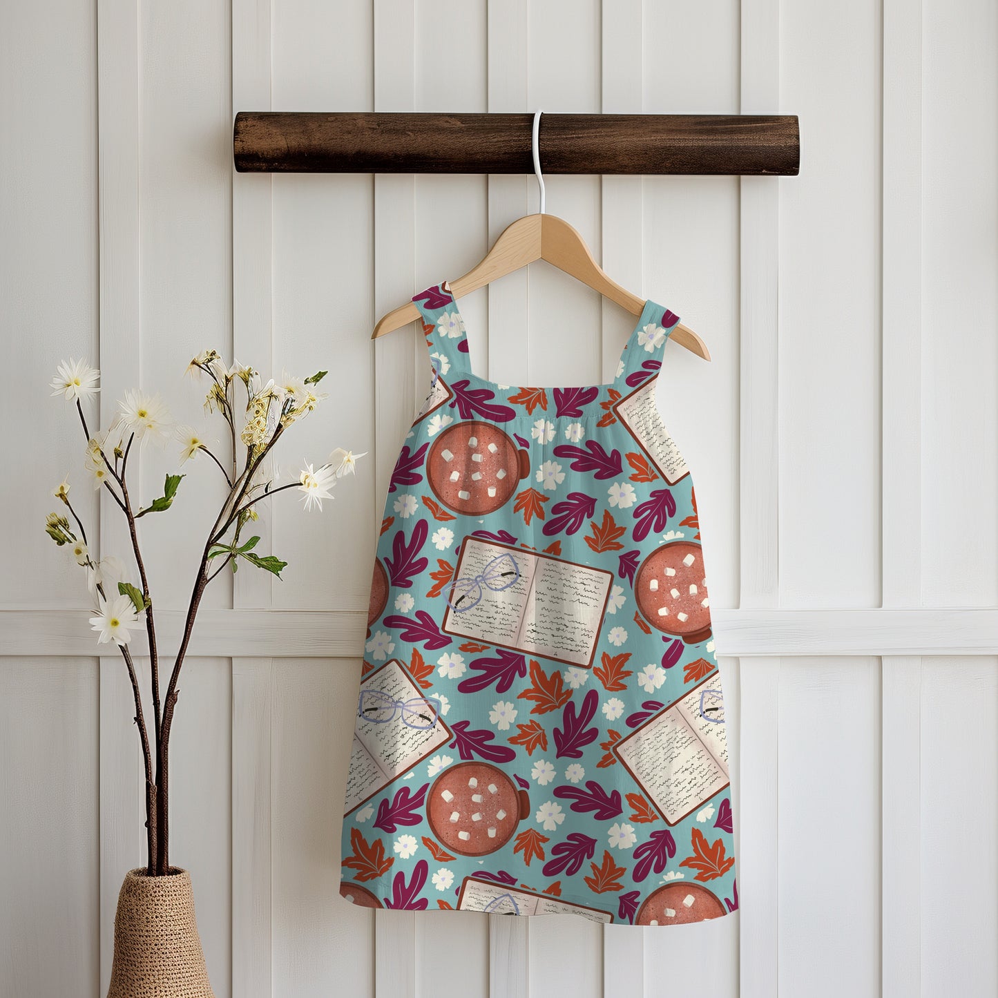 Cozy Fall Seamless Pattern Blue – Books, Hot Cocoa, Glasses & Autumn Leaves Digital Download