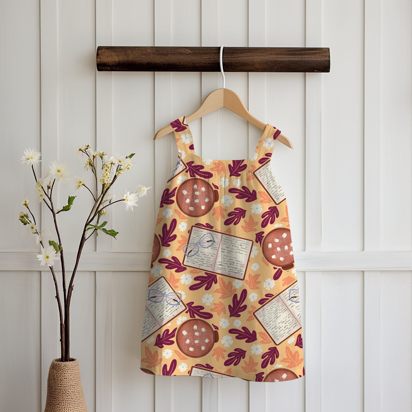 Cozy Fall Seamless Pattern Orange  – Books, Hot Cocoa, Glasses & Autumn Leaves Digital Download