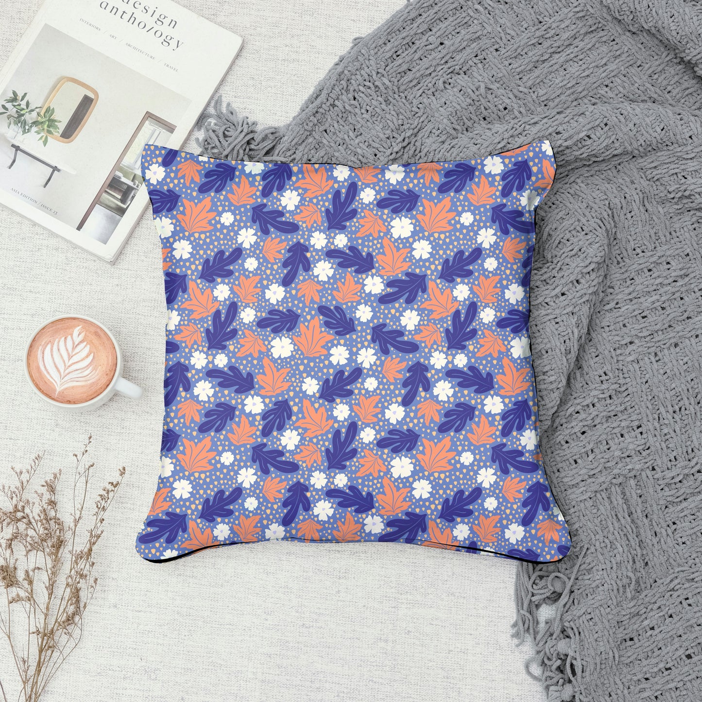 Fall Leaves & Flowers Seamless Pattern Purple | Autumn Digital Paper PNG | Cozy Floral Print