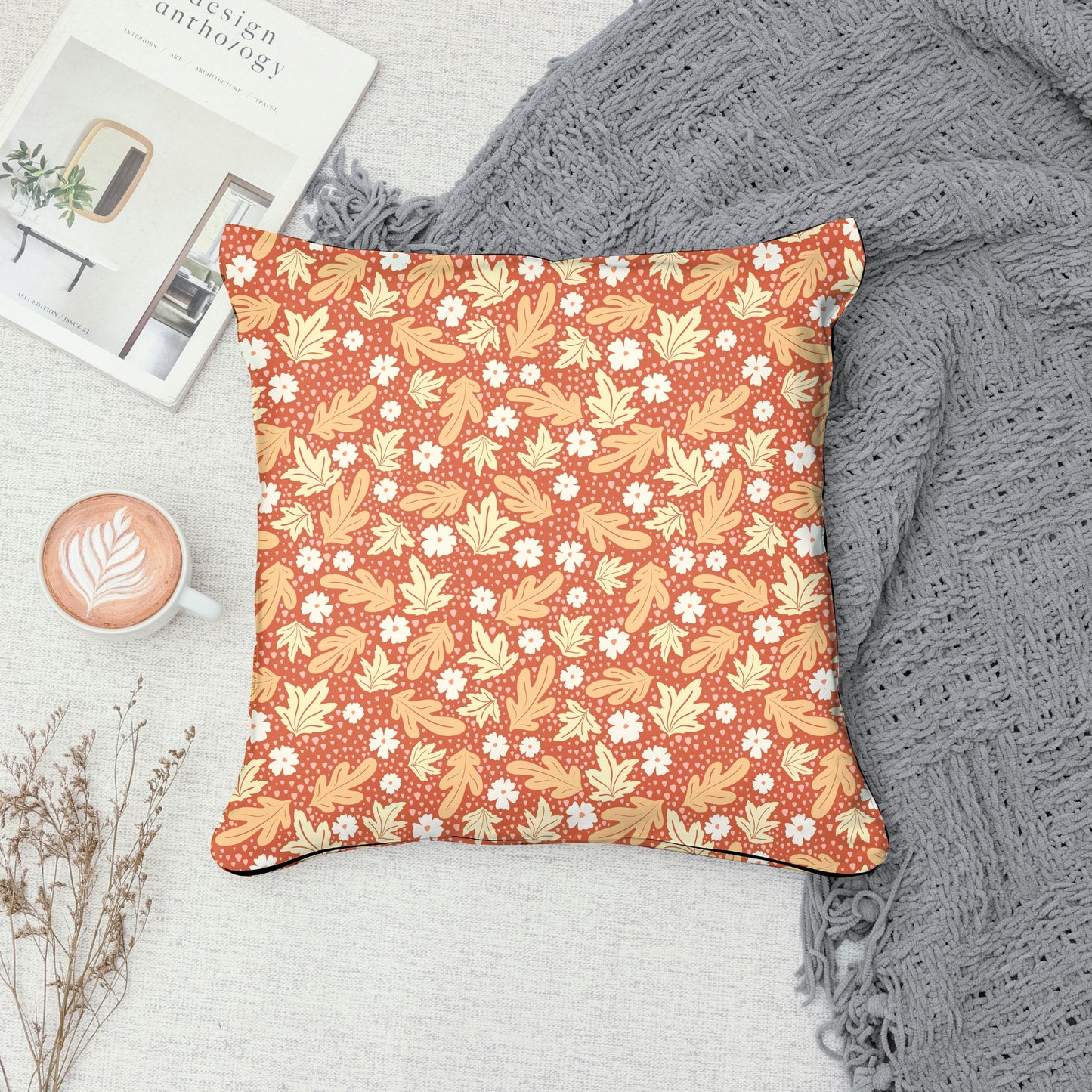 Fall Leaves & Flowers Seamless Pattern Burnt Orange| Autumn Digital Paper PNG | Cozy Floral Print