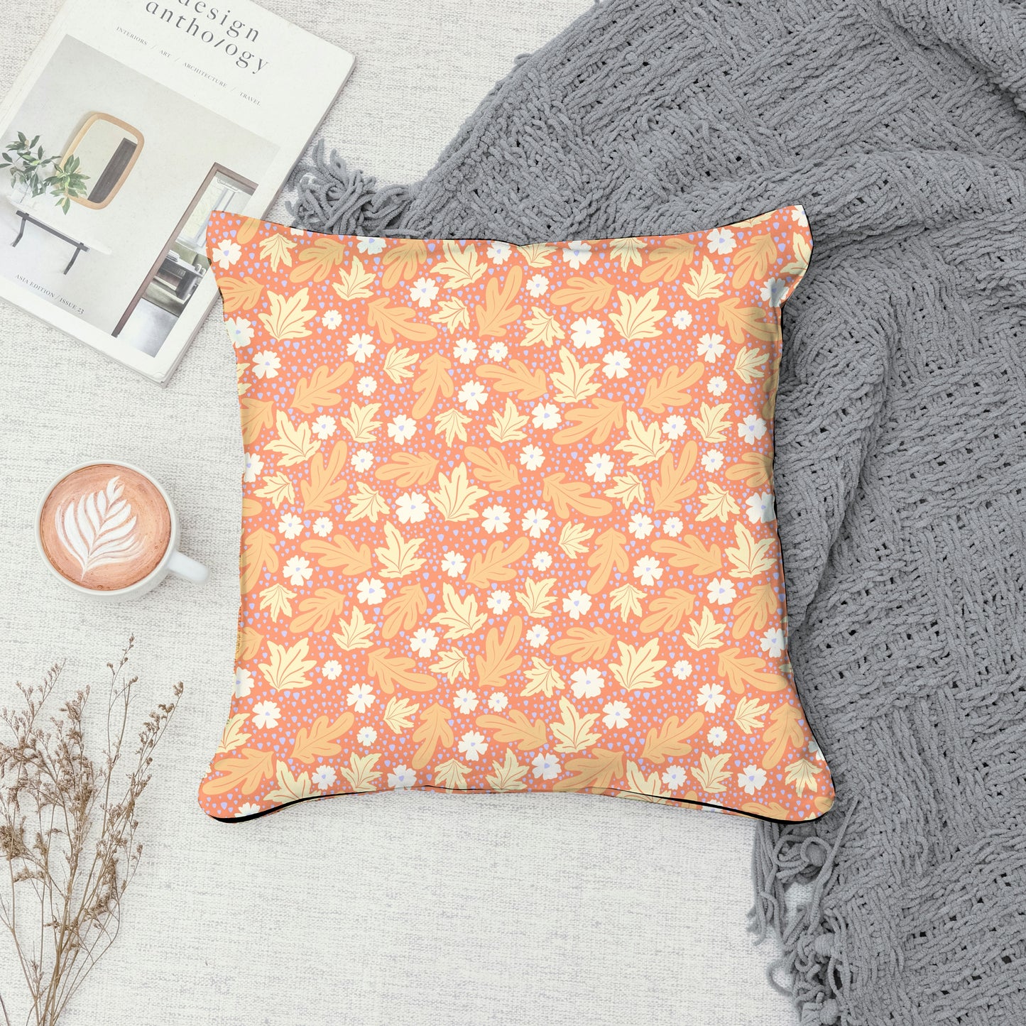 Fall Leaves & Flowers Seamless Pattern Orange | Autumn Digital Paper PNG | Cozy Floral Print