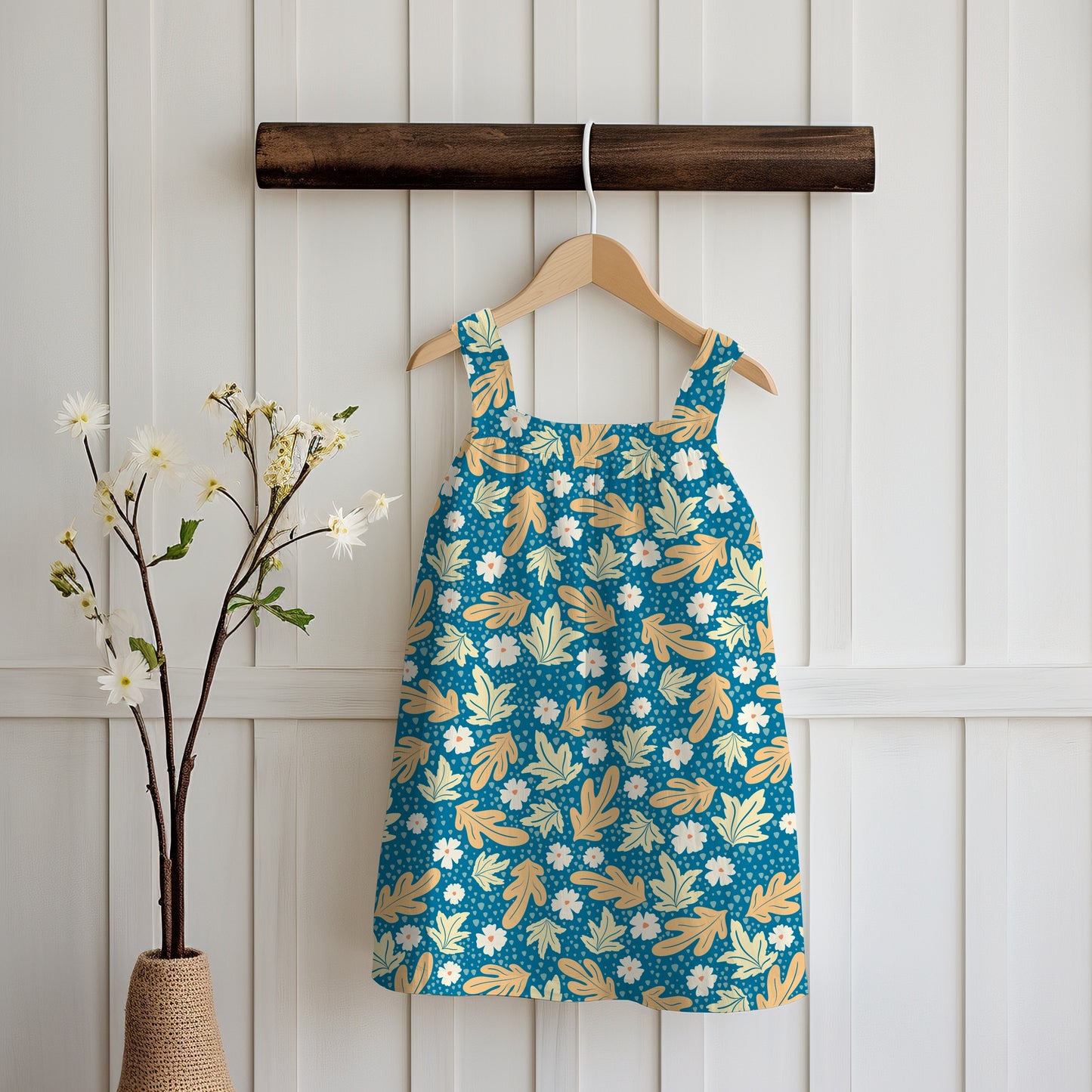 Fall Leaves & Flowers Seamless Pattern Blue | Autumn Digital Paper PNG | Cozy Floral Print