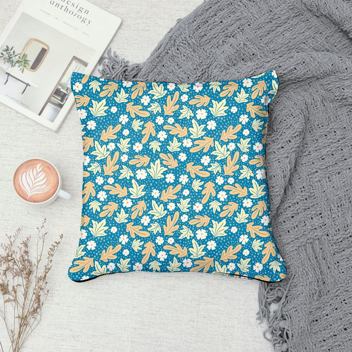 Fall Leaves & Flowers Seamless Pattern Blue | Autumn Digital Paper PNG | Cozy Floral Print