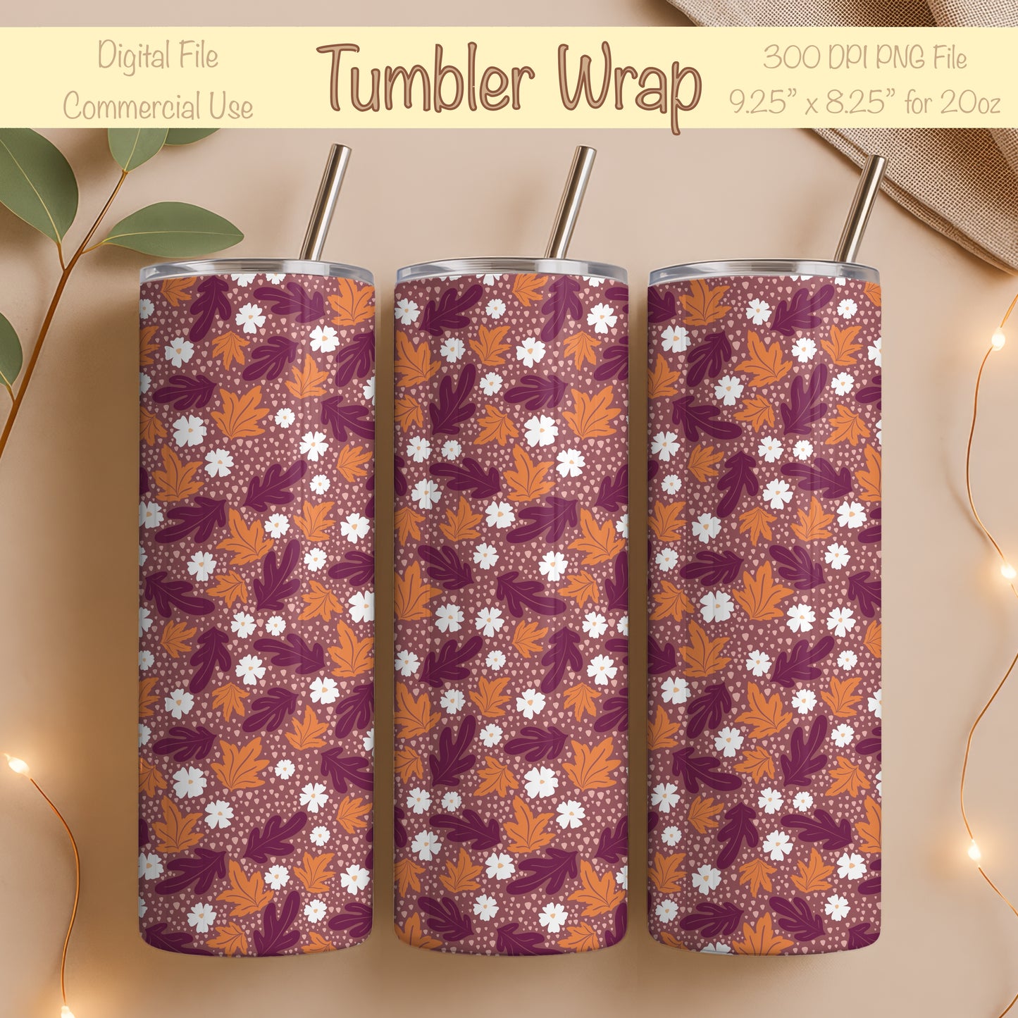 Fall Floral 20 oz Tumbler Wrap Dark – Cozy Autumn Flowers Digital PNG 9.25” x 8.20”