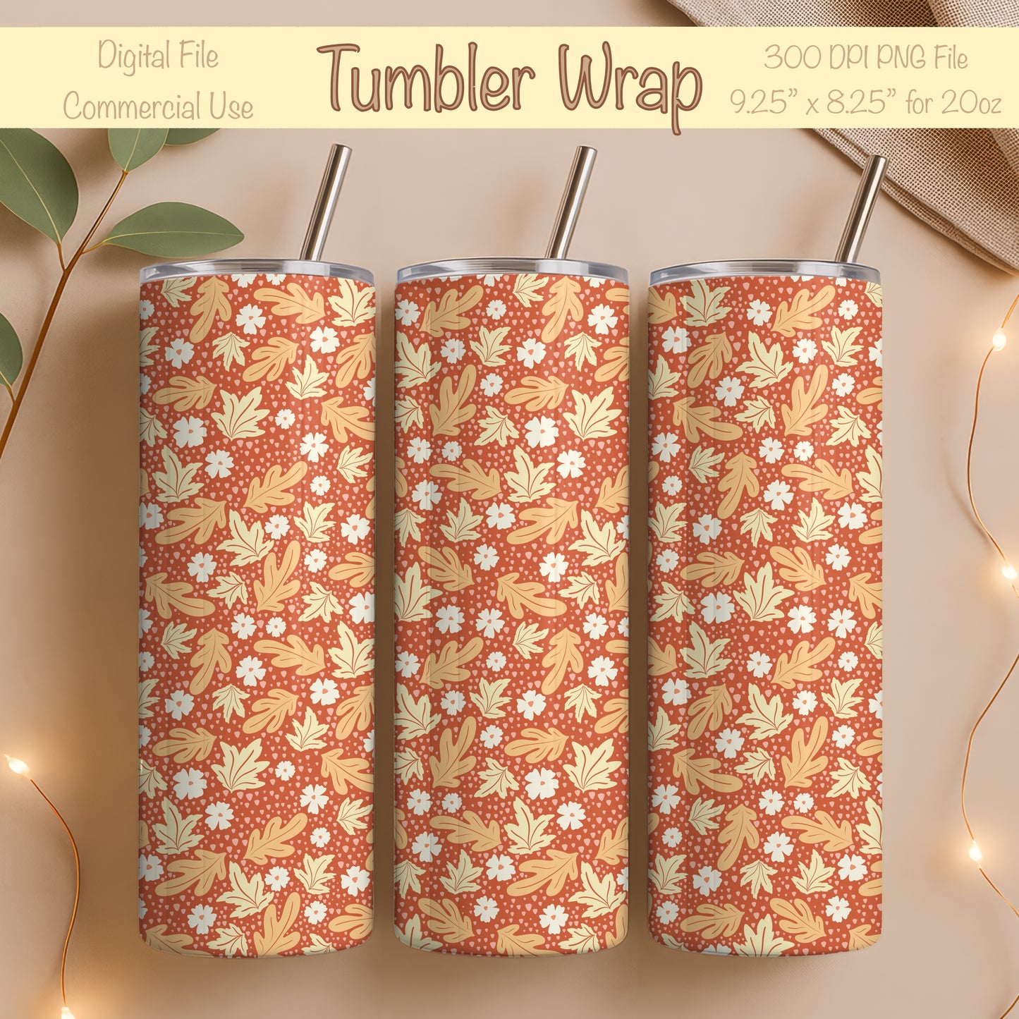 Fall Floral 20 oz Tumbler Wrap Burnt Orange – Cozy Autumn Flowers Digital PNG 9.25” x 8.20”