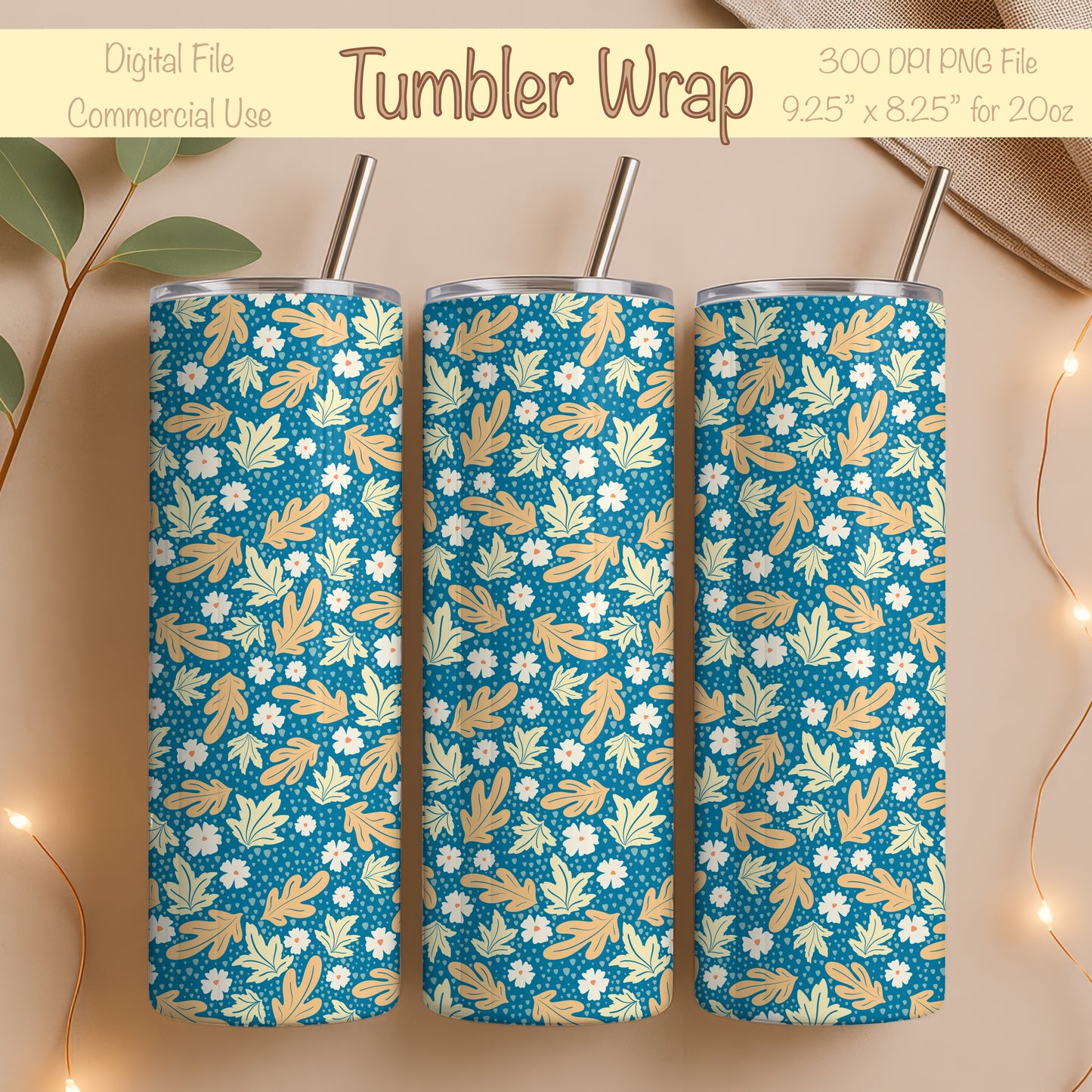 Fall Floral 20 oz Tumbler Wrap Blue – Cozy Autumn Flowers Digital PNG 9.25” x 8.20”
