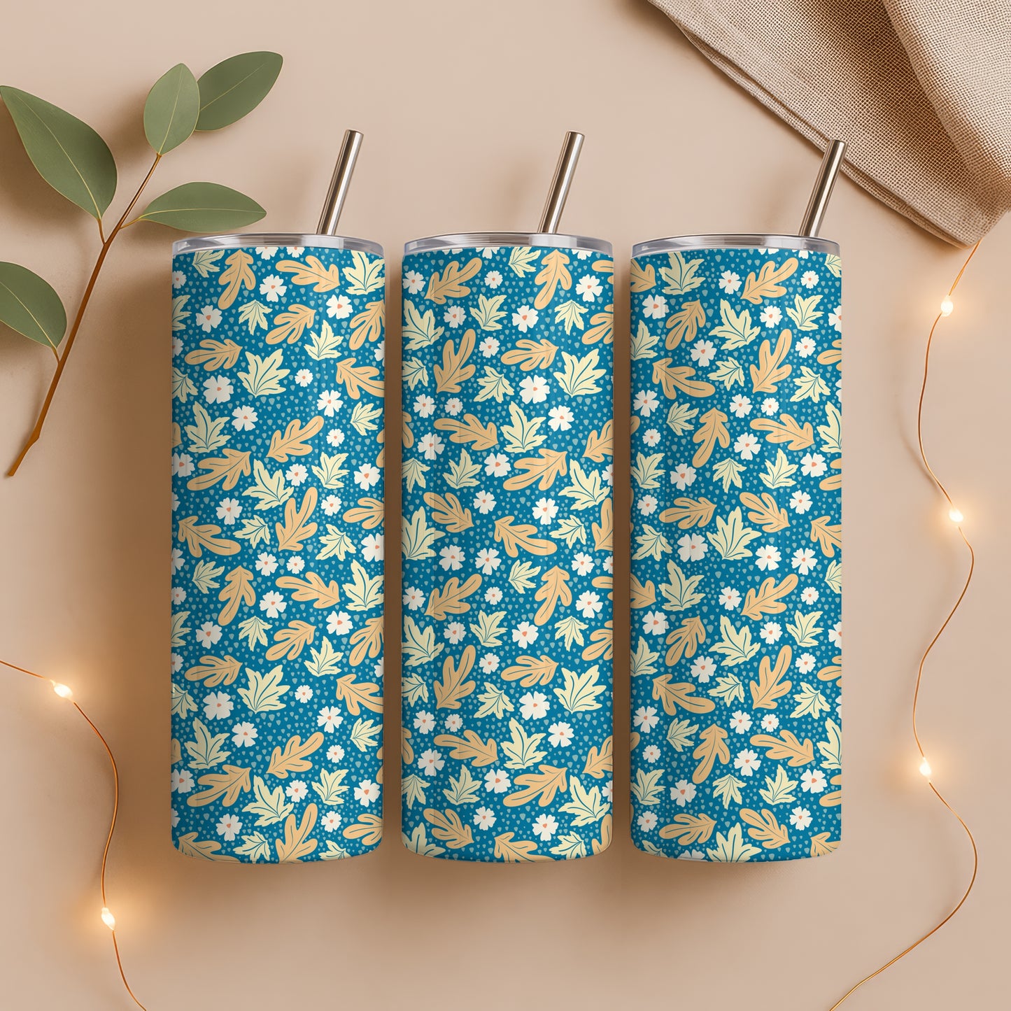 Fall Floral 20 oz Tumbler Wrap Blue – Cozy Autumn Flowers Digital PNG 9.25” x 8.20”