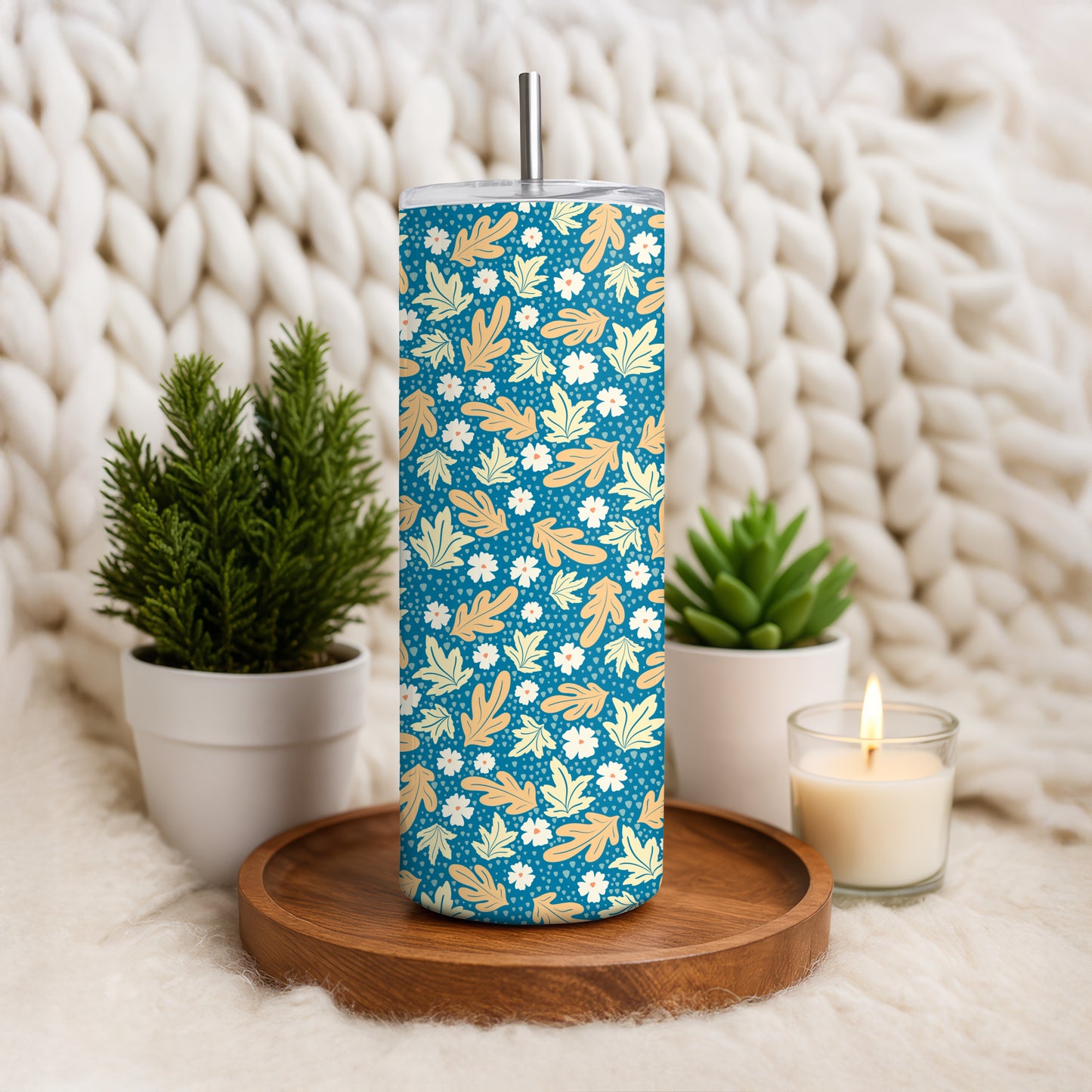 Fall Floral 20 oz Tumbler Wrap Blue – Cozy Autumn Flowers Digital PNG 9.25” x 8.20”
