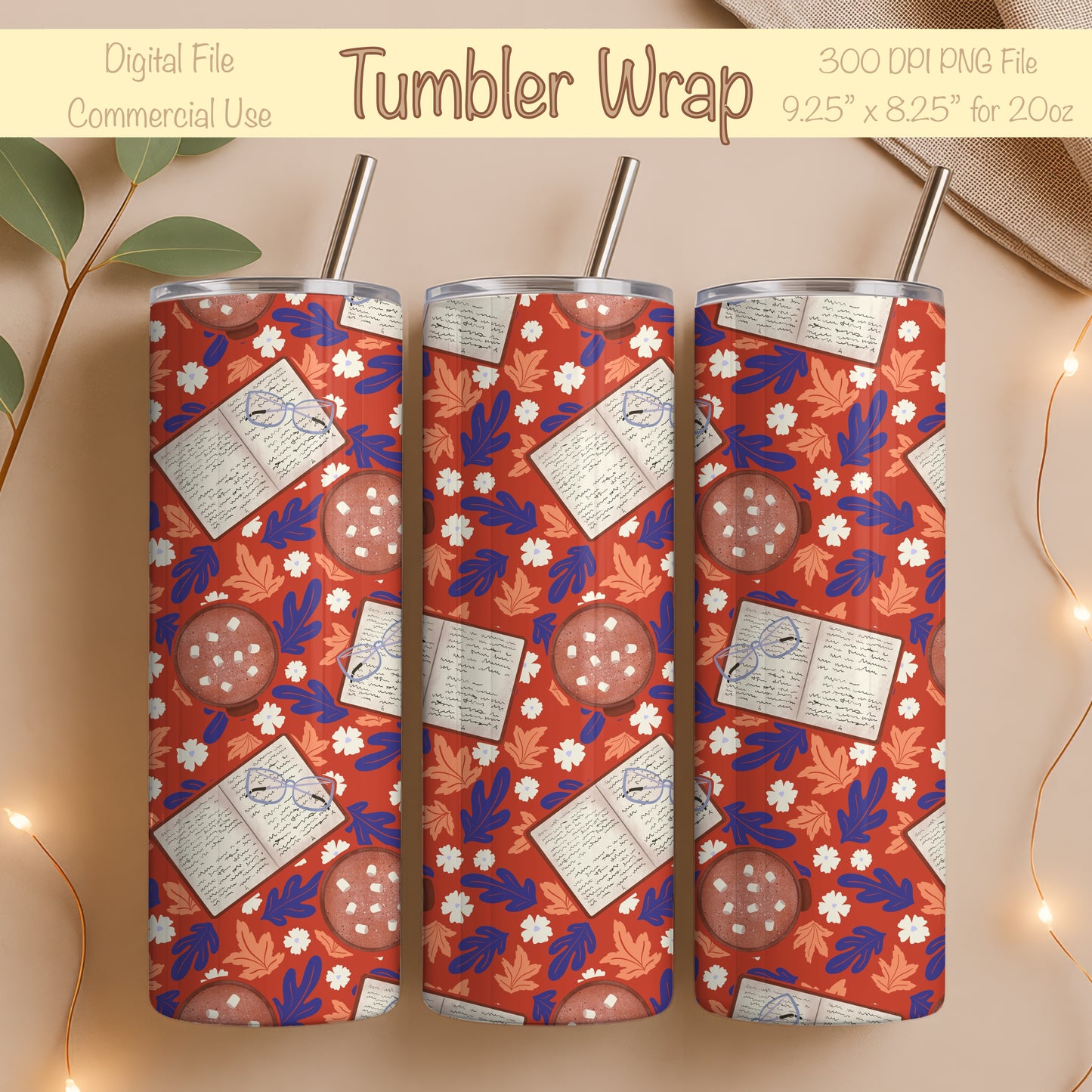 Cozy Fall 20 oz Tumbler Wrap Red – Books, Hot Cocoa & Fall Florals PNG | Digital 9.25” x 8.20”