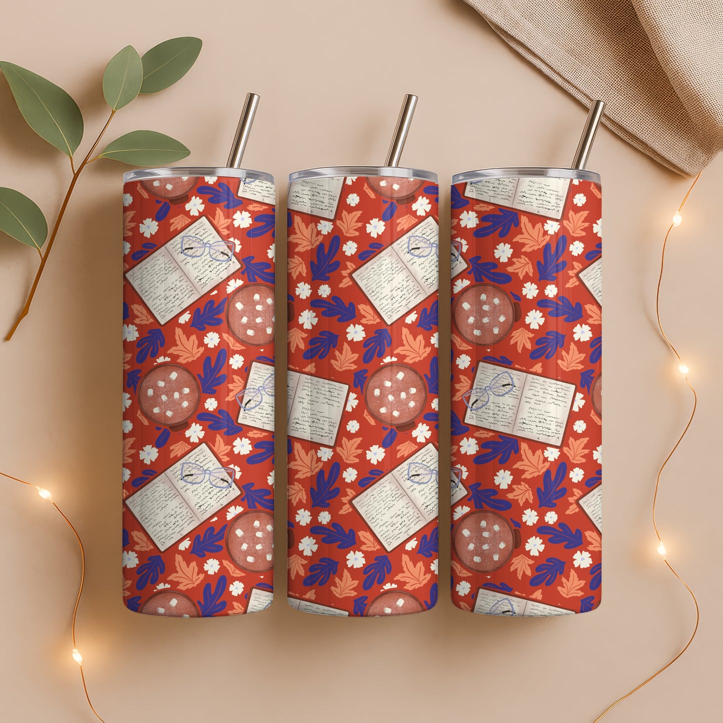 Cozy Fall 20 oz Tumbler Wrap Red – Books, Hot Cocoa & Fall Florals PNG | Digital 9.25” x 8.20”
