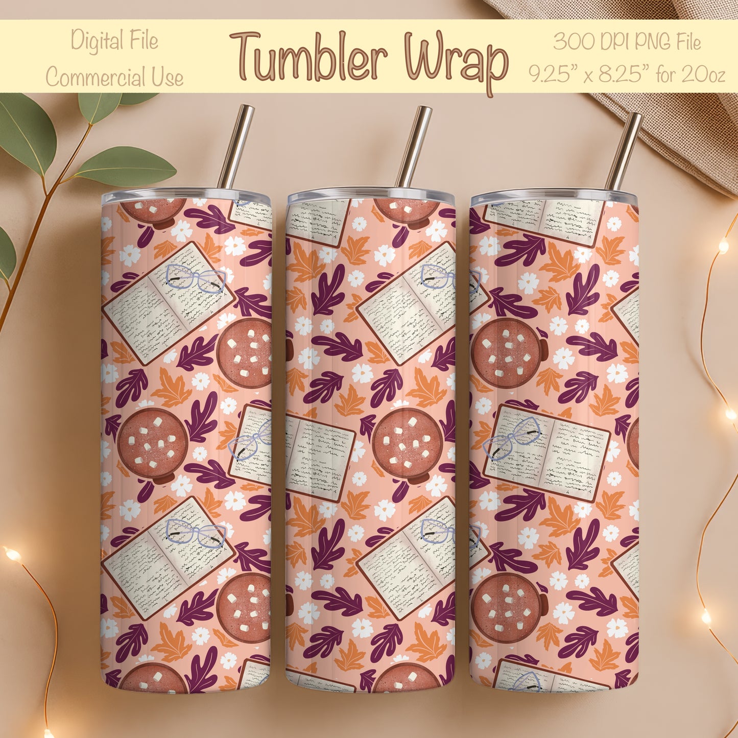 Cozy Fall 20 oz Tumbler Wrap Pink – Books, Hot Cocoa & Fall Florals PNG | Digital 9.25” x 8.20”