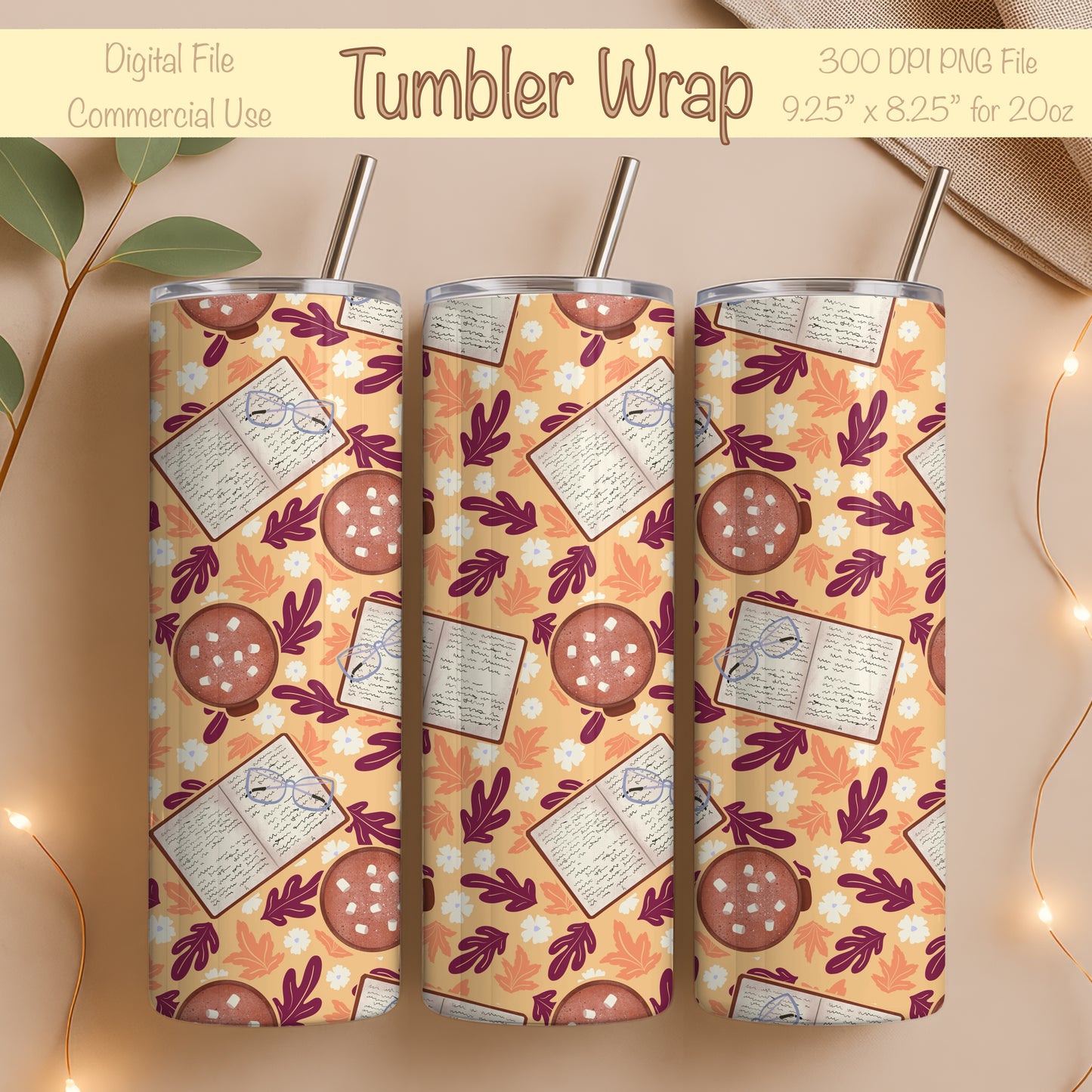 Cozy Fall 20 oz Tumbler Wrap Orange – Books, Hot Cocoa & Fall Florals PNG | Digital 9.25” x 8.20”