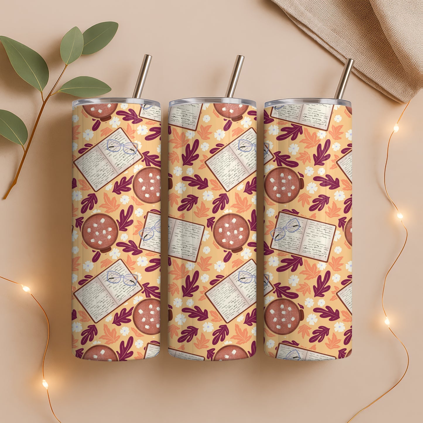 Cozy Fall 20 oz Tumbler Wrap Orange – Books, Hot Cocoa & Fall Florals PNG | Digital 9.25” x 8.20”