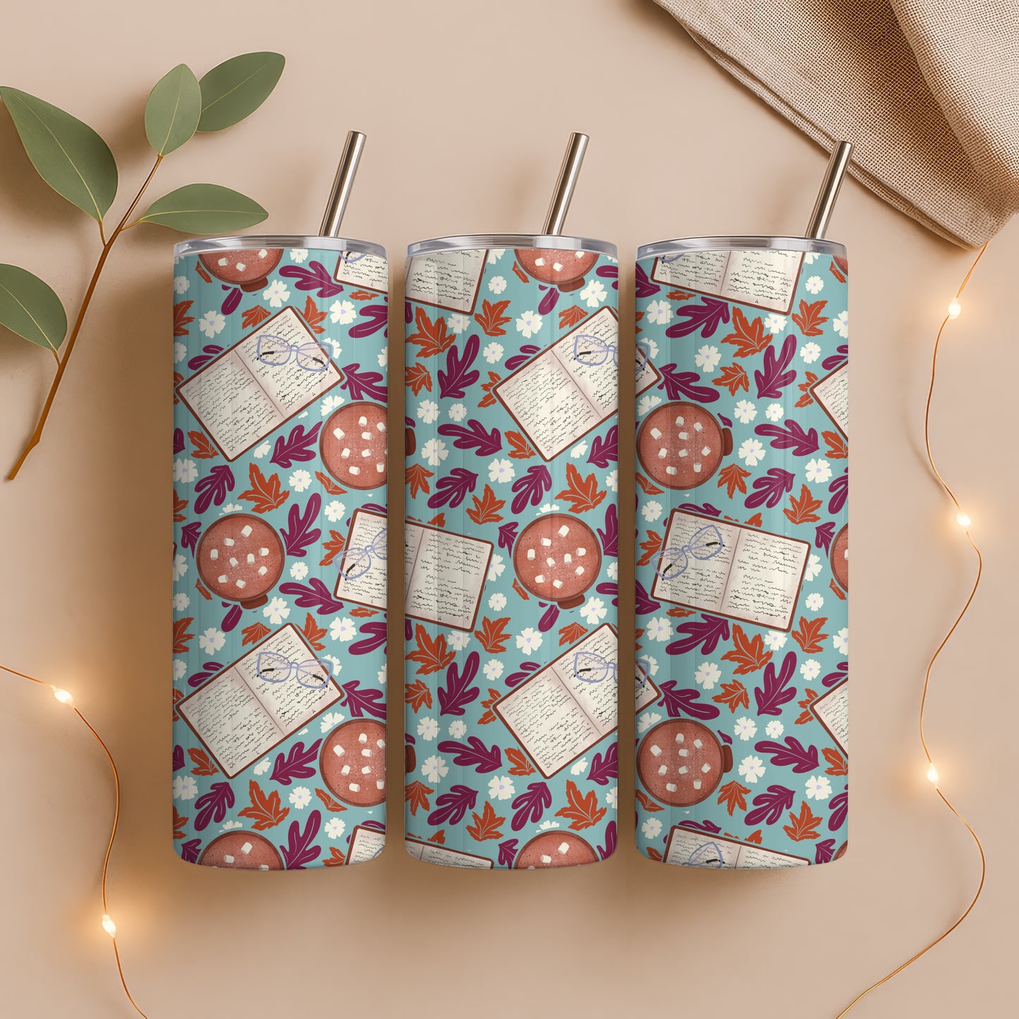 Cozy Fall 20 oz Tumbler Wrap Blue – Books, Hot Cocoa & Fall Florals PNG | Digital 9.25” x 8.20”