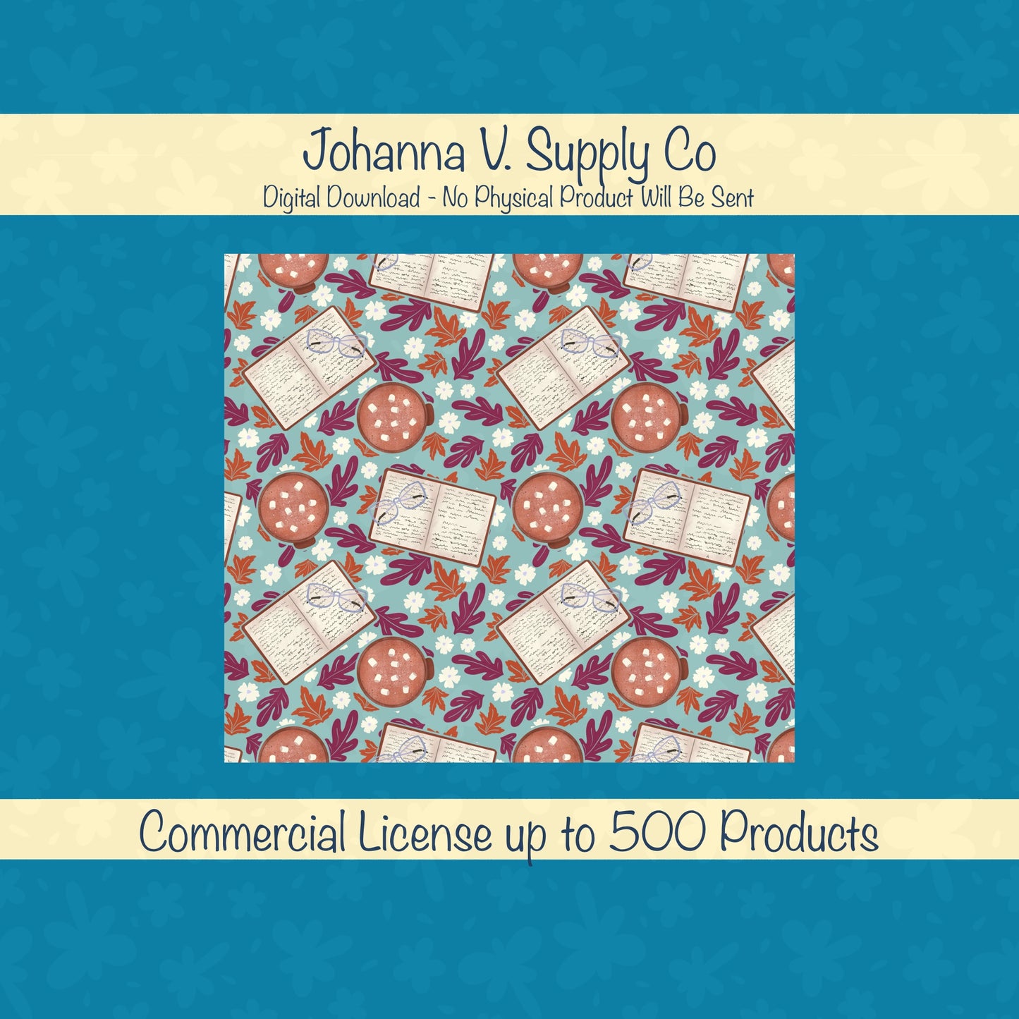 Cozy Fall 20 oz Tumbler Wrap Blue – Books, Hot Cocoa & Fall Florals PNG | Digital 9.25” x 8.20”