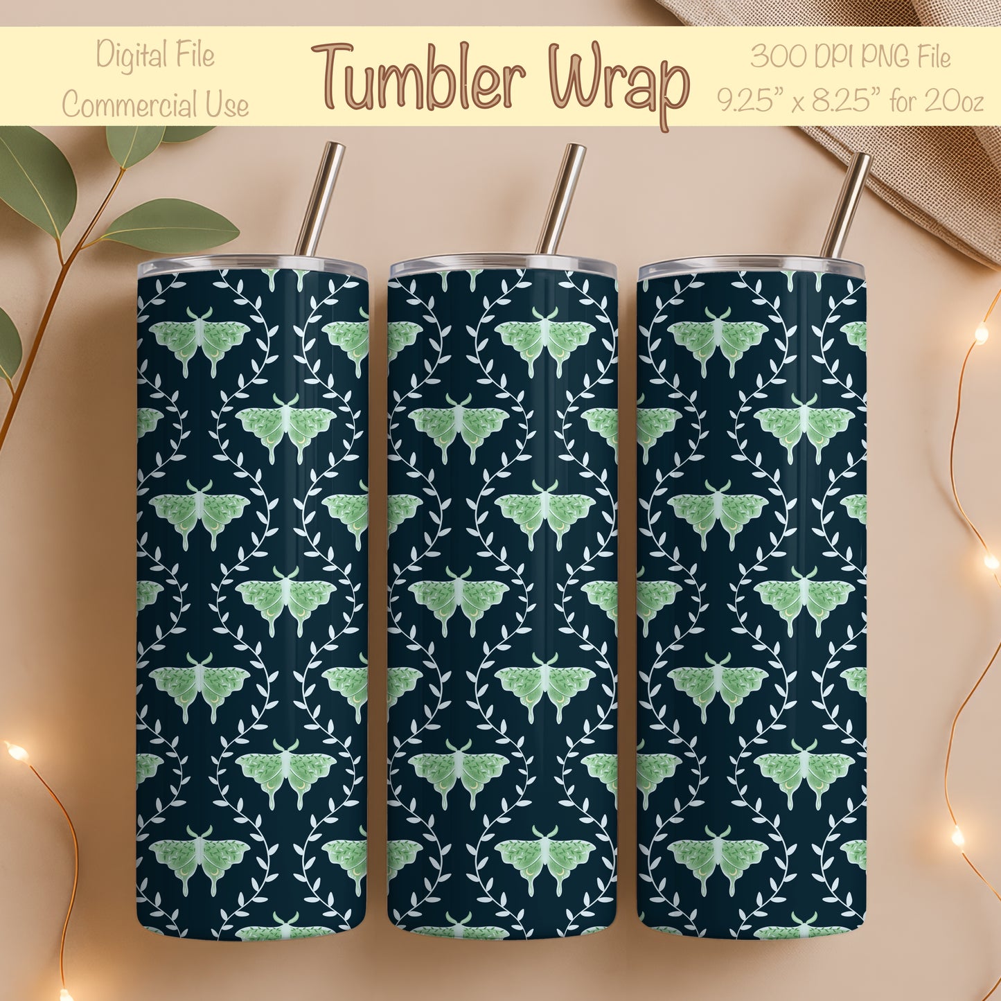 Dreamy Moths Tumbler Wrap Dark – Digital 9.25” x 8.20” PNG File