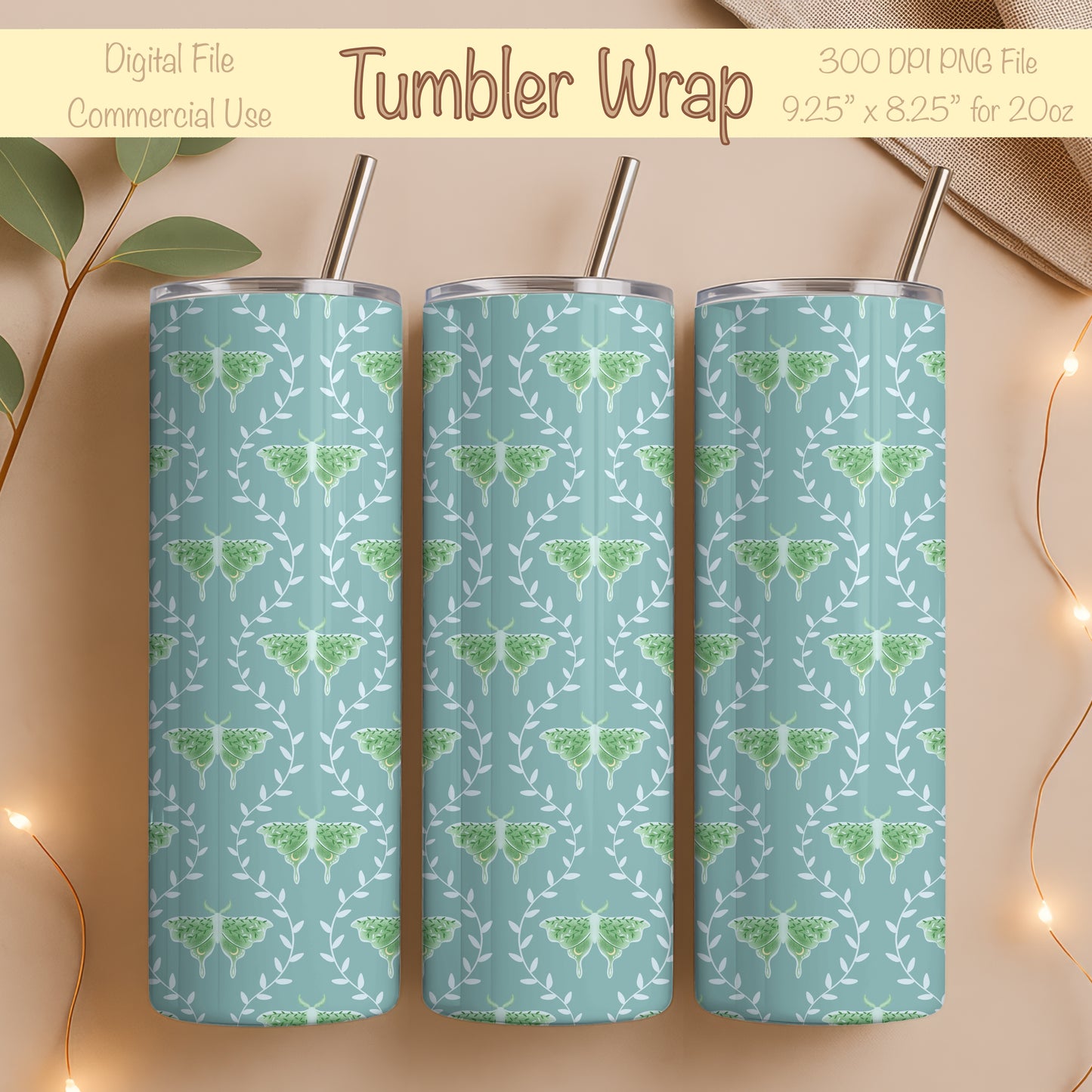 Dreamy Moths Tumbler Wrap  Green – Digital 9.25” x 8.20” PNG File