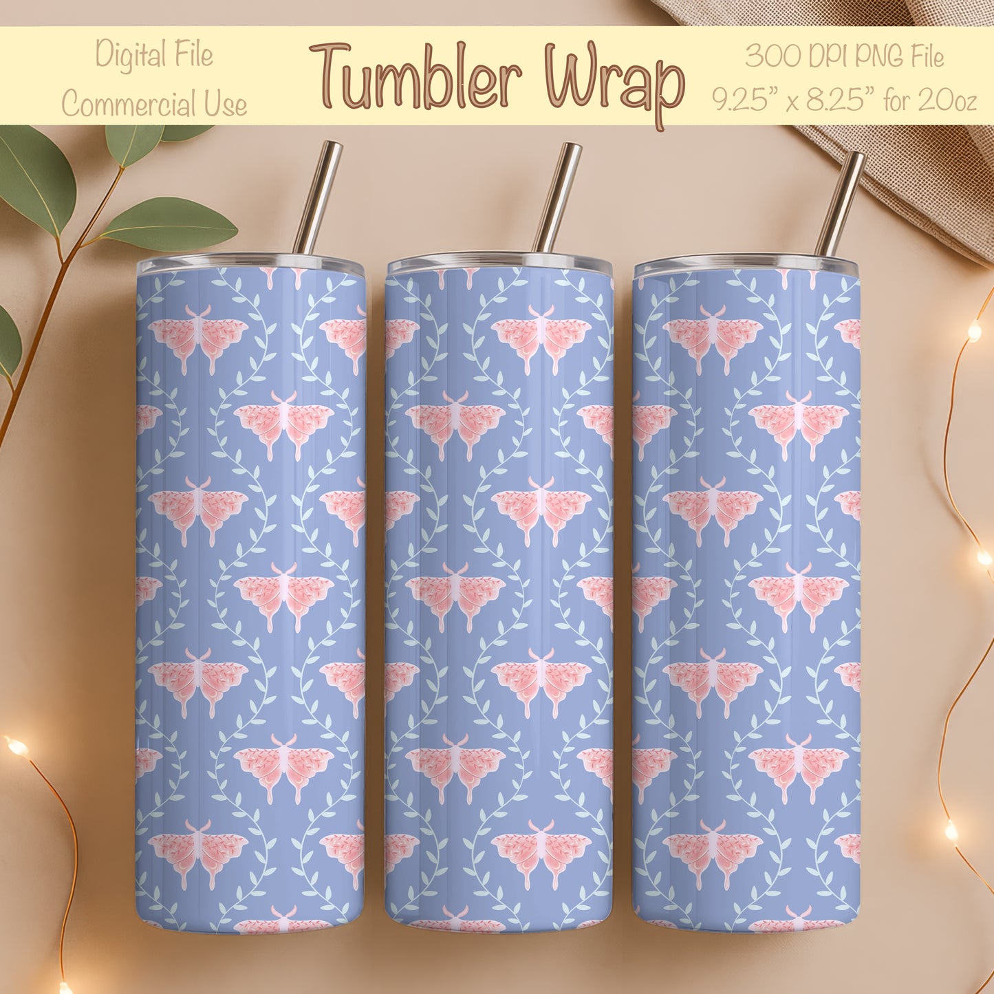 Dreamy Moths Tumbler Wrap Purple – Digital 9.25” x 8.20” PNG File