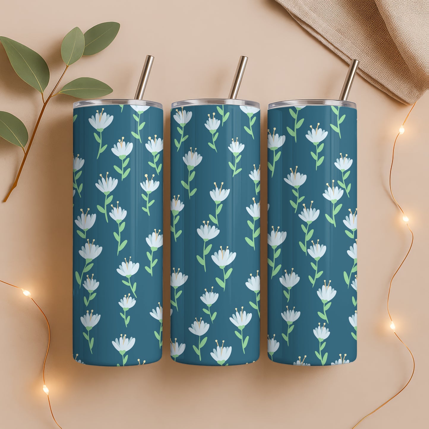 Whimsy Blooms Tumbler Wrap Blue – Digital Floral 9.25” x 8.20” PNG File