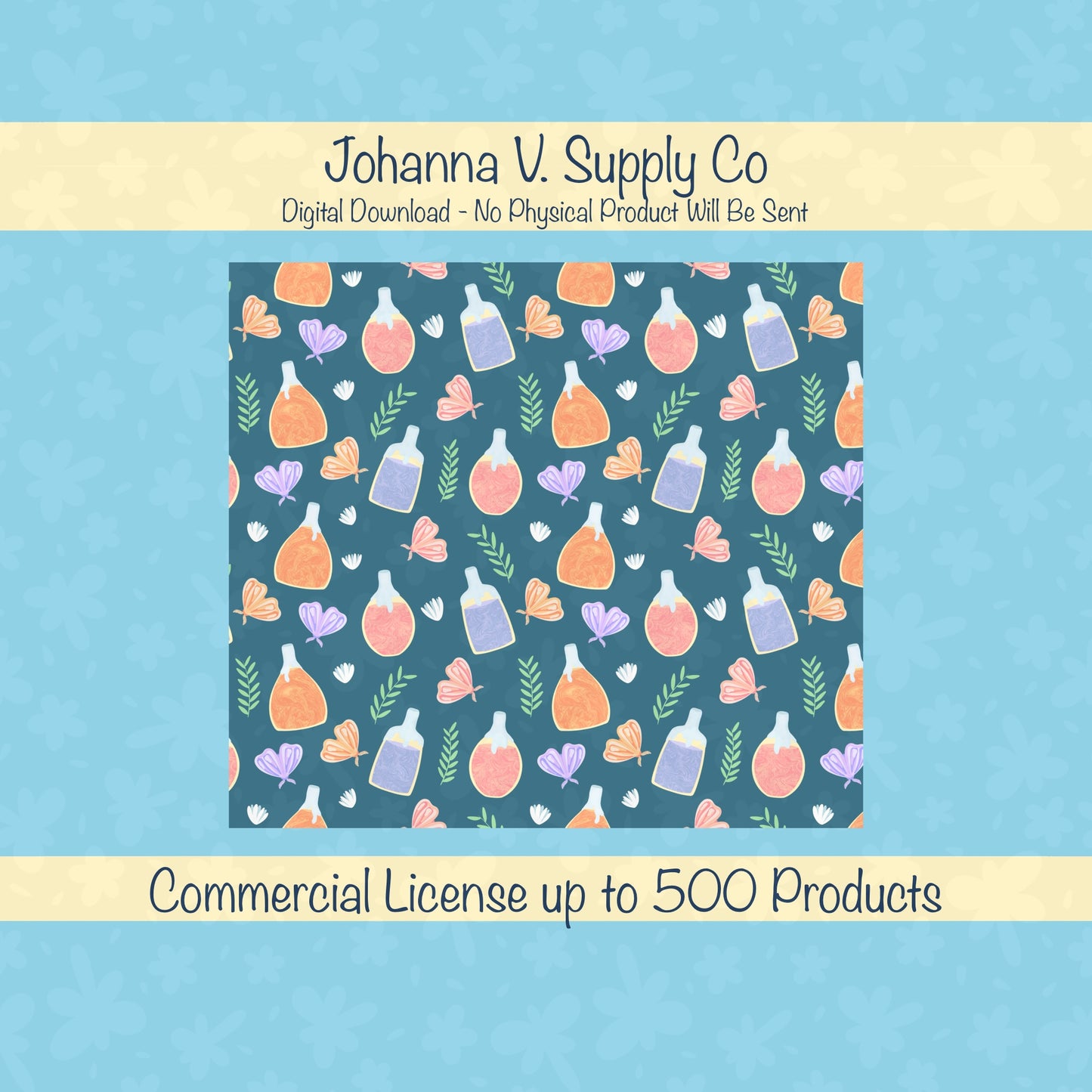 Enchanted Potions & Moths Tumbler Wrap Blue – Whimsical Flowers Digital PNG 9.25” x 8.20”