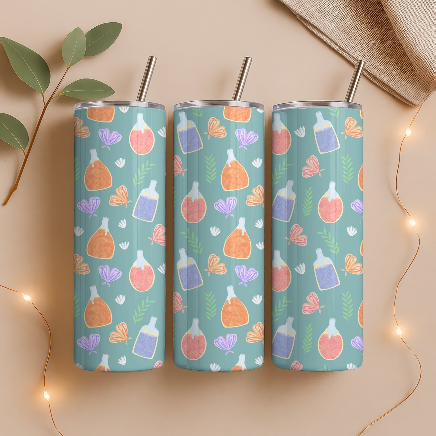 Enchanted Potions & Moths Tumbler Wrap Green – Whimsical Flowers Digital PNG 9.25” x 8.20”