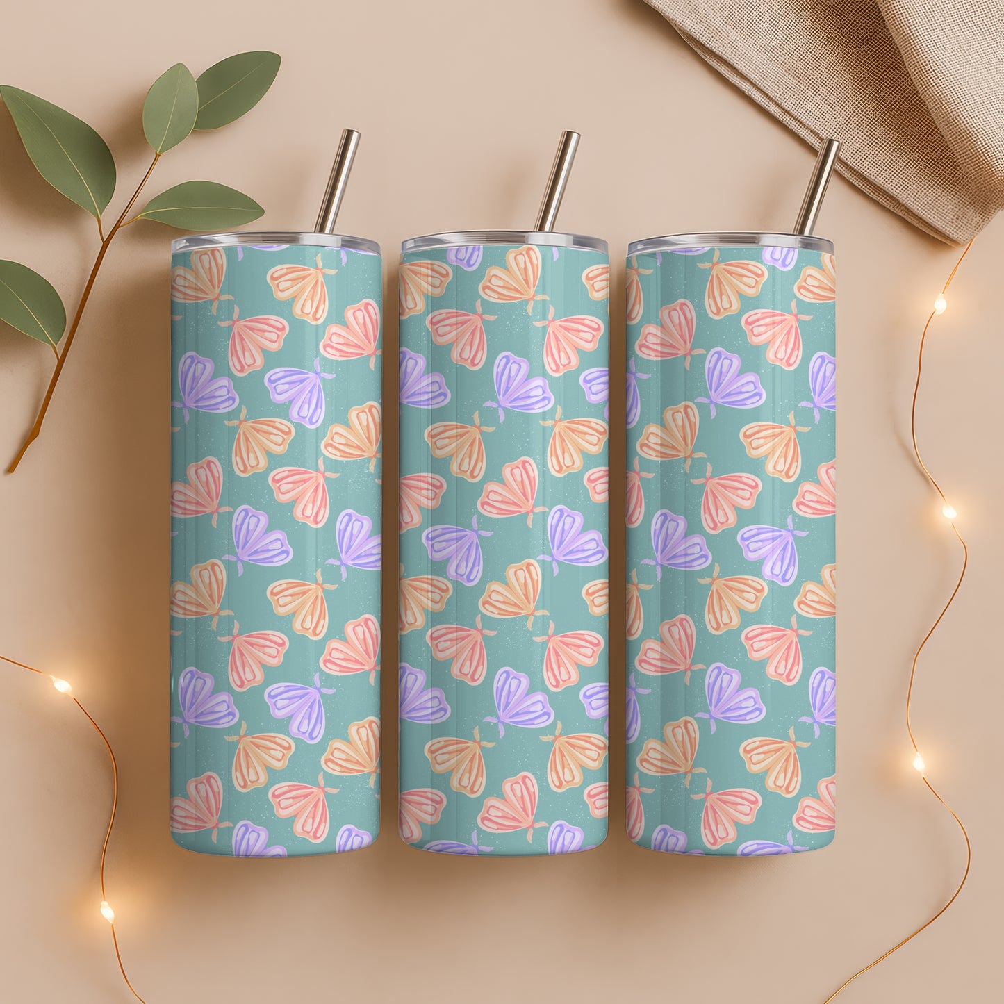 Whimsical Moths Tumbler Wrap Green – Digital 9.25” x 8.20” PNG File