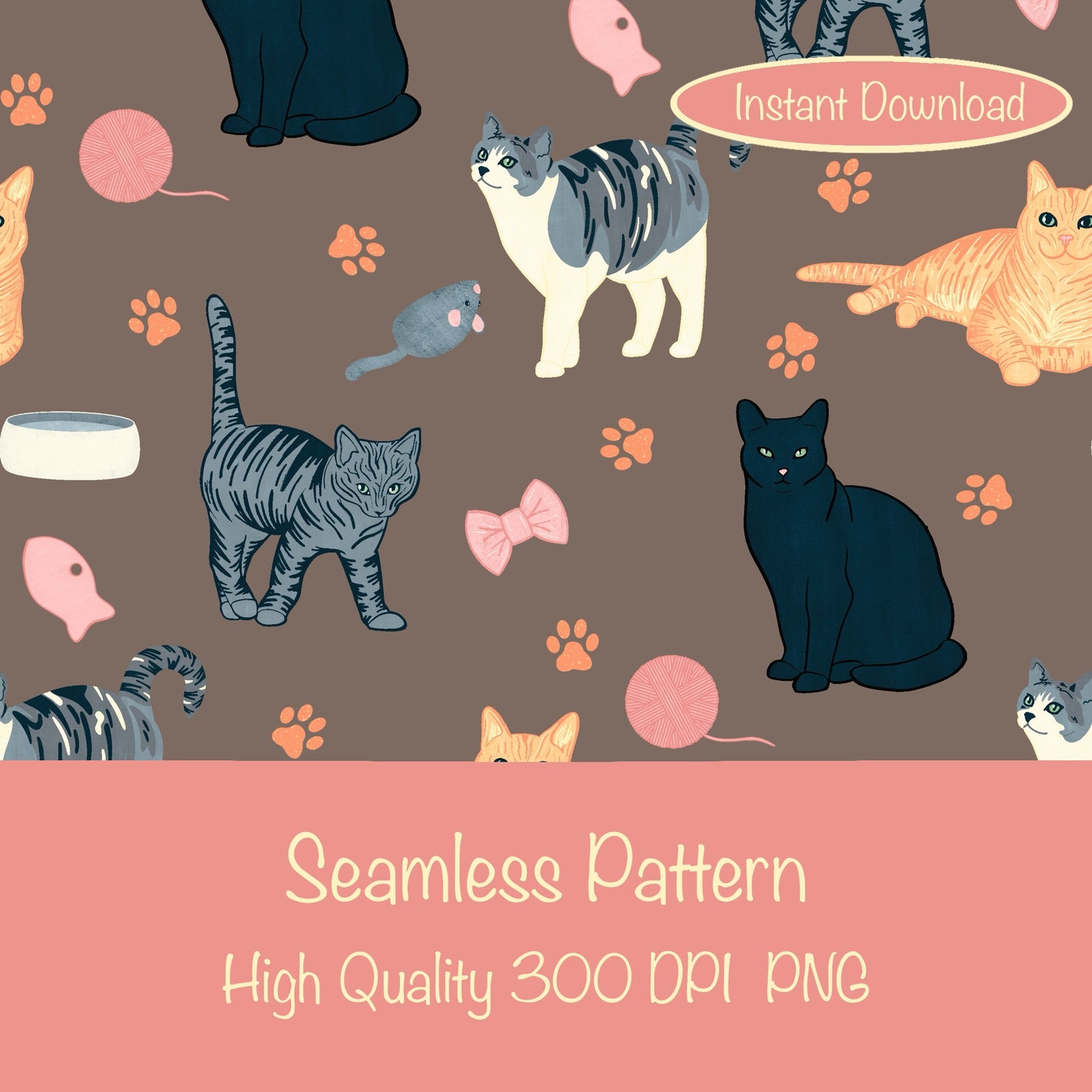 Cat Seamless Pattern Brown – Whimsical Feline Digital Design PNG | 12” x 12” 300 DPI