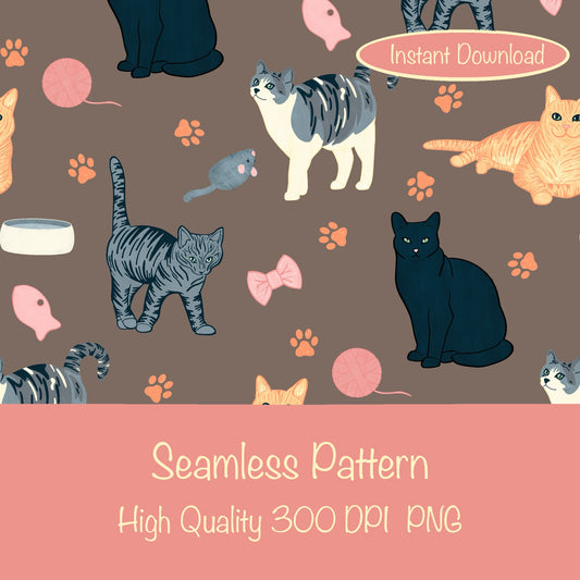 Cat Seamless Pattern Brown – Whimsical Feline Digital Design PNG | 12” x 12” 300 DPI