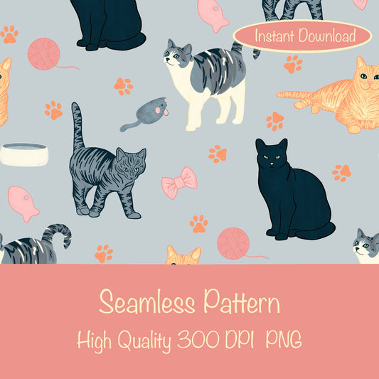 Cat Seamless Pattern Light Grey – Whimsical Feline Digital Design PNG | 12” x 12” 300 DPI