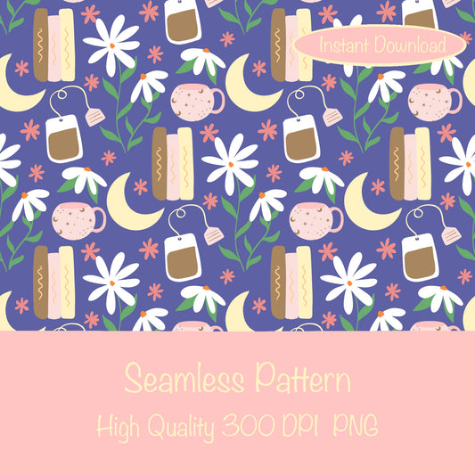 Cottage Core Seamless Pattern Purple – Moons, Tea, Books & Flowers PNG | 12” x 12” 300 DPI