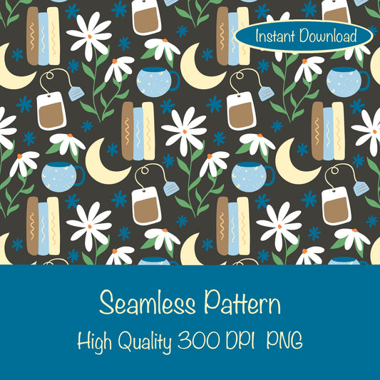 Cottage Core Seamless Pattern Brown – Moons, Tea, Books & Flowers PNG | 12” x 12” 300 DPI