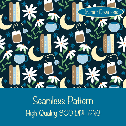 Cottage Core Seamless Pattern Dark Blue – Moons, Tea, Books & Flowers PNG | 12” x 12” 300 DPI