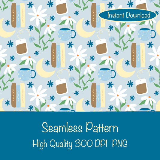 Cottage Core Seamless Pattern Light Blue – Moons, Tea, Books & Flowers PNG | 12” x 12” 300 DPI