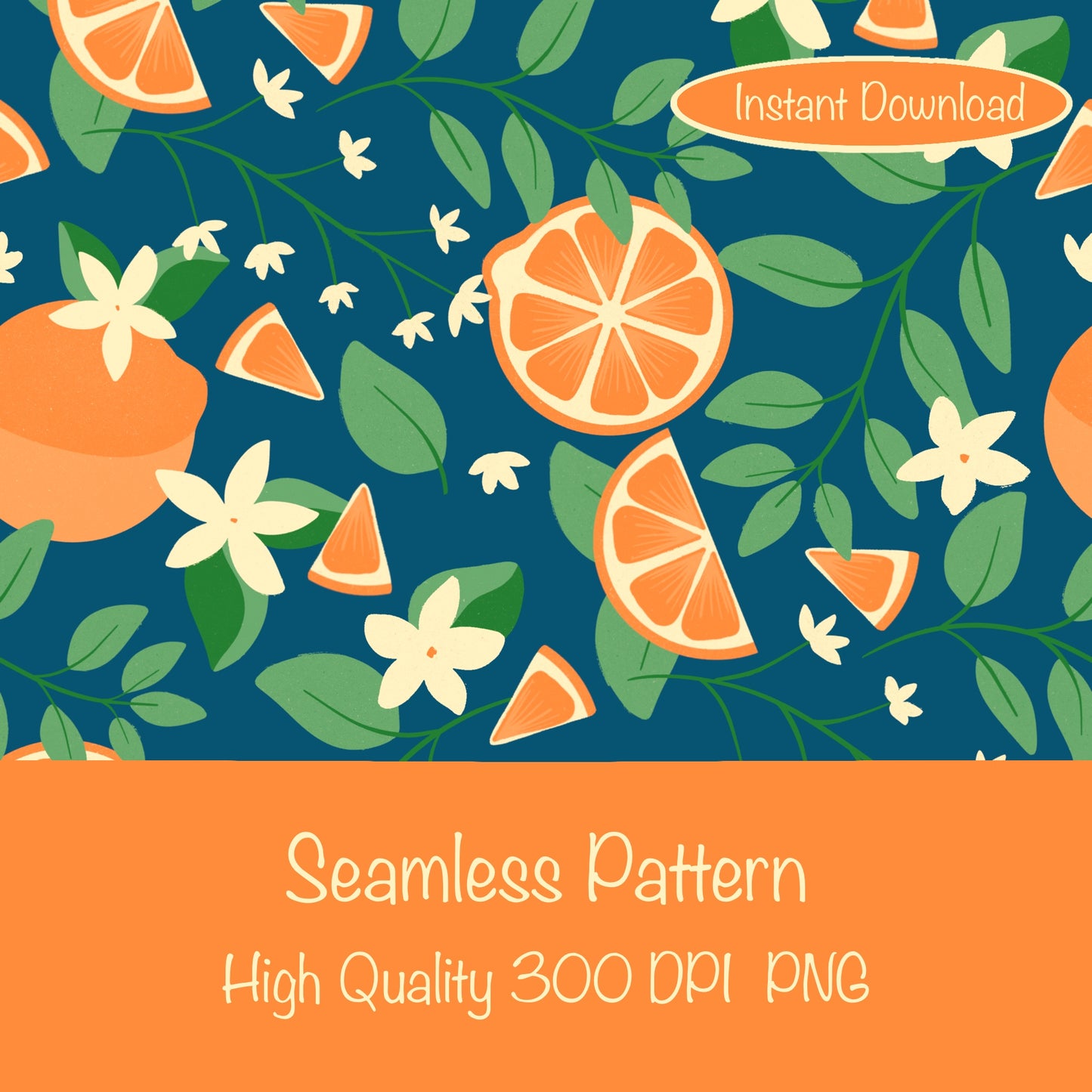 Botanical Orange Blossom Seamless Pattern Blue | 12x12 PNG Digital Download | Citrus Floral Design