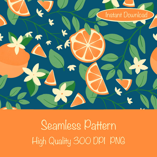 Botanical Orange Blossom Seamless Pattern Blue | 12x12 PNG Digital Download | Citrus Floral Design