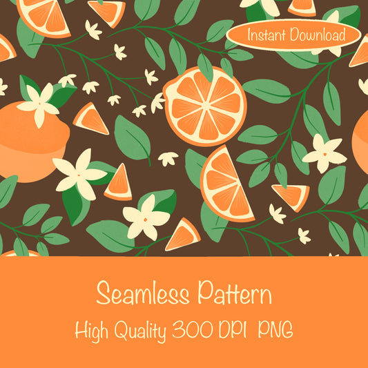 Botanical Orange Blossom Seamless Pattern Brown | 12x12 PNG Digital Download | Citrus Floral Design