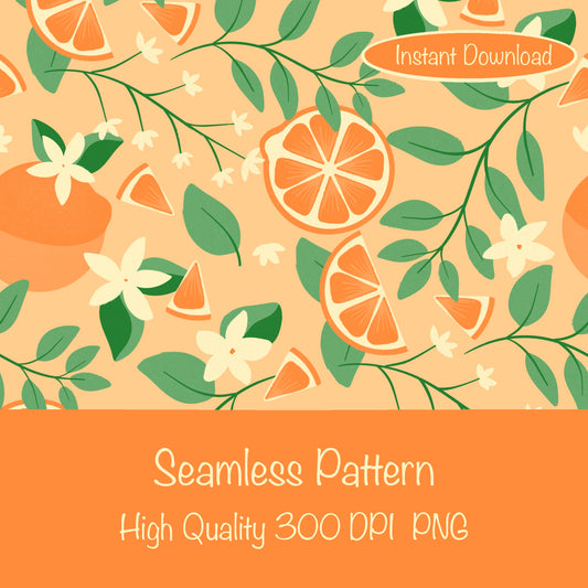 Botanical Orange Blossom Seamless Pattern Orange | 12x12 PNG Digital Download | Citrus Floral Design
