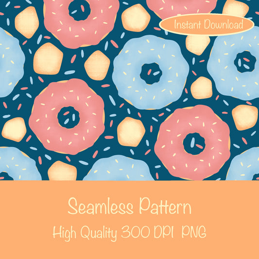 Donut Seamless Pattern Blue | Sweet Dessert Digital Background | 12x12 PNG Download