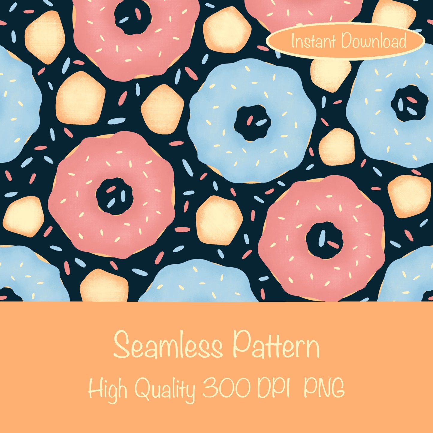 Donut Seamless Pattern Dark | Sweet Dessert Digital Background | 12x12 PNG Download