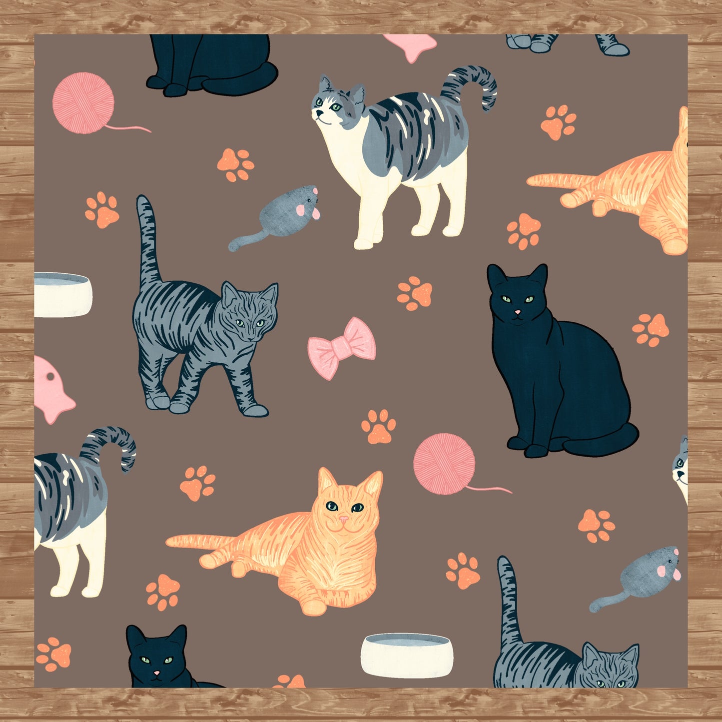 Cat Seamless Pattern Brown – Whimsical Feline Digital Design PNG | 12” x 12” 300 DPI