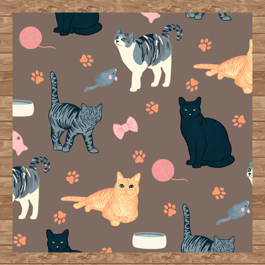 Cat Seamless Pattern Brown – Whimsical Feline Digital Design PNG | 12” x 12” 300 DPI