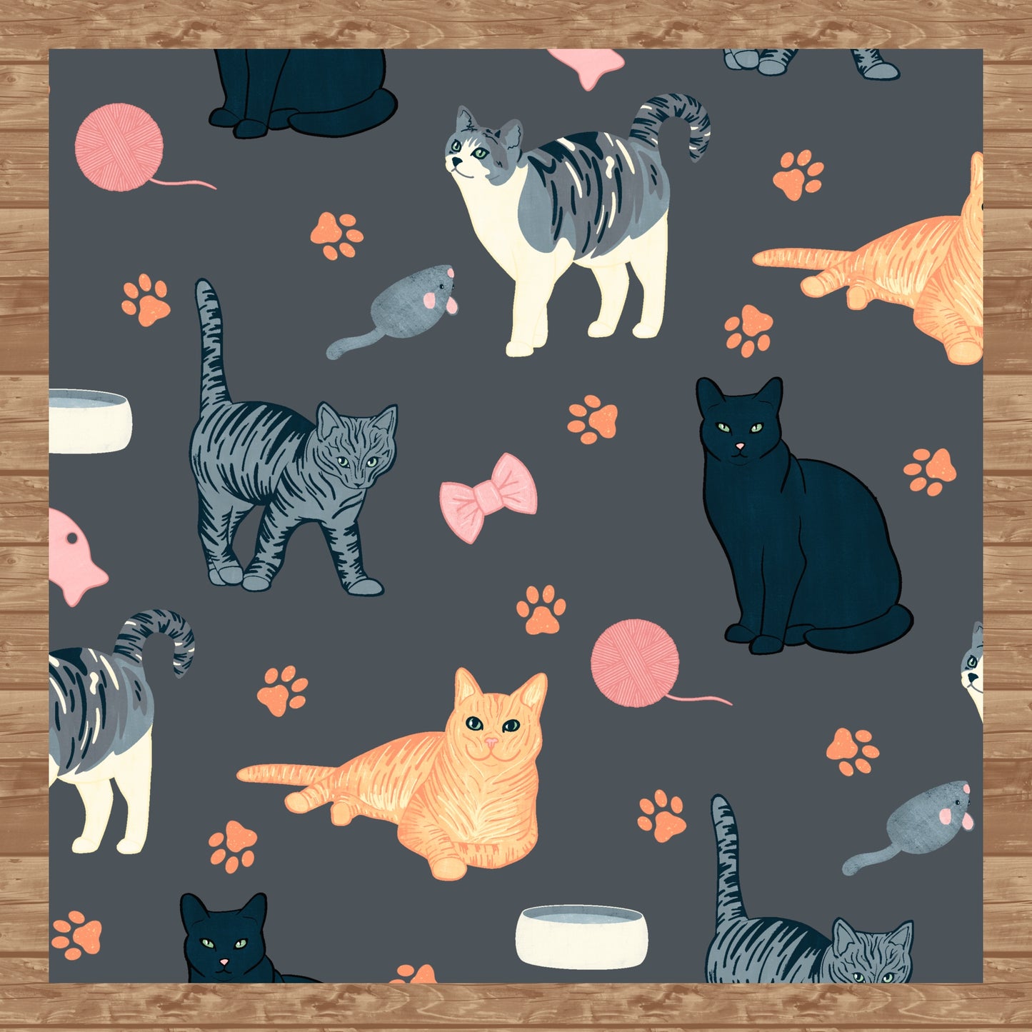 Cat Seamless Pattern Dark Grey – Whimsical Feline Digital Design PNG | 12” x 12” 300 DPI
