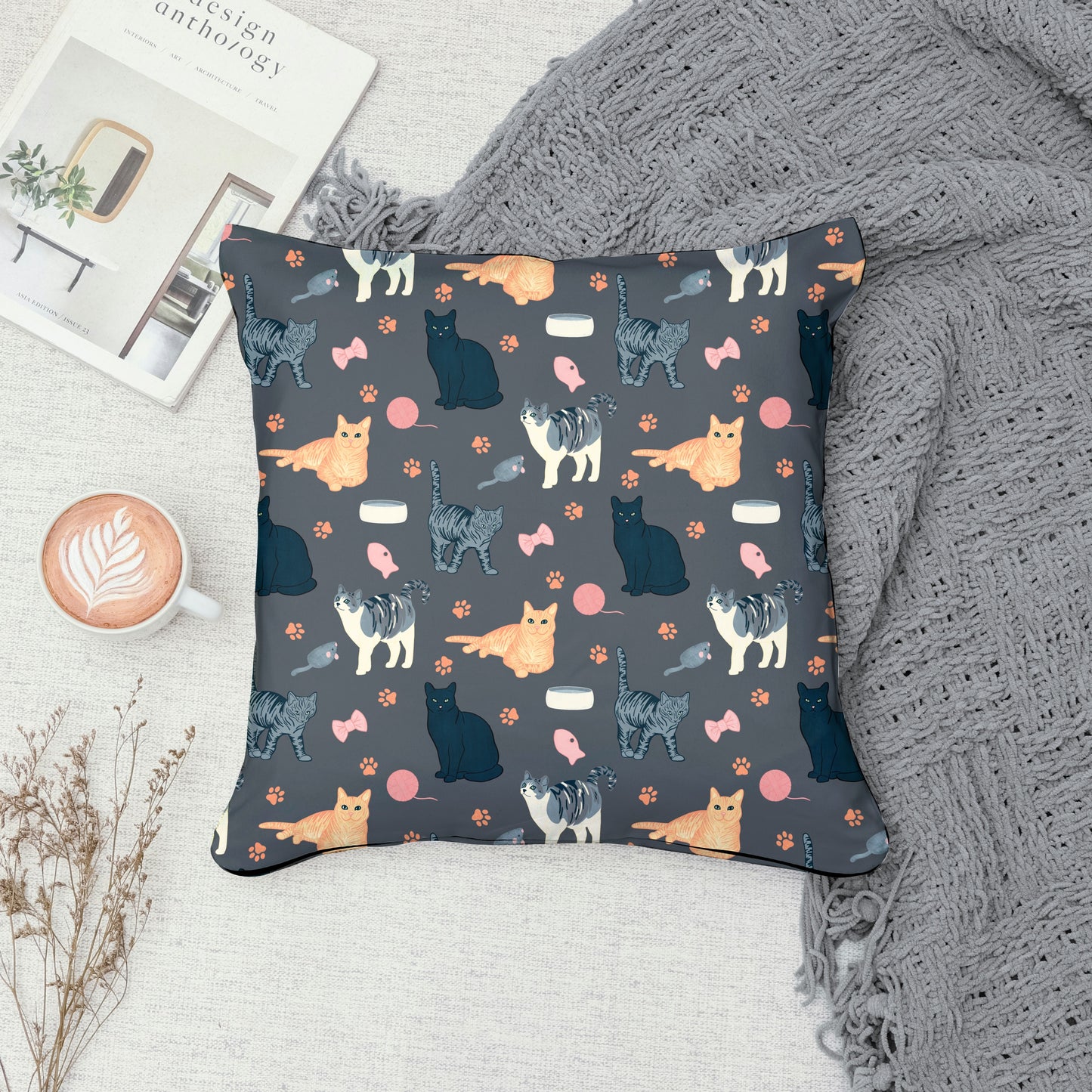 Cat Seamless Pattern Dark Grey – Whimsical Feline Digital Design PNG | 12” x 12” 300 DPI
