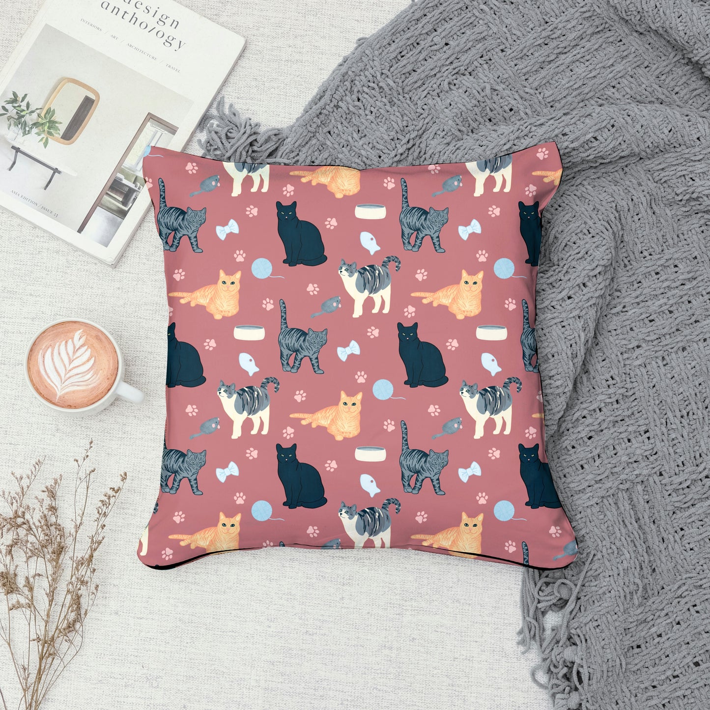 Cat Seamless Pattern Mauve – Whimsical Feline Digital Design PNG | 12” x 12” 300 DPI