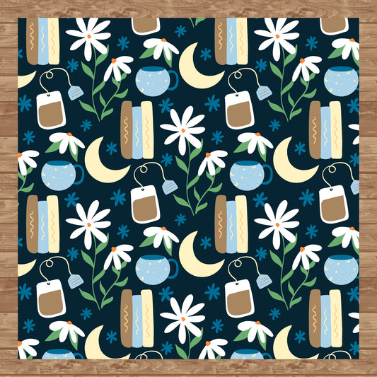 Cottage Core Seamless Pattern Dark Blue – Moons, Tea, Books & Flowers PNG | 12” x 12” 300 DPI