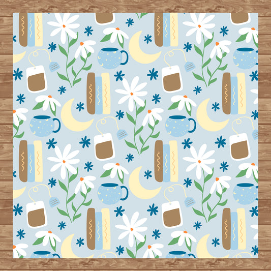 Cottage Core Seamless Pattern Light Blue – Moons, Tea, Books & Flowers PNG | 12” x 12” 300 DPI